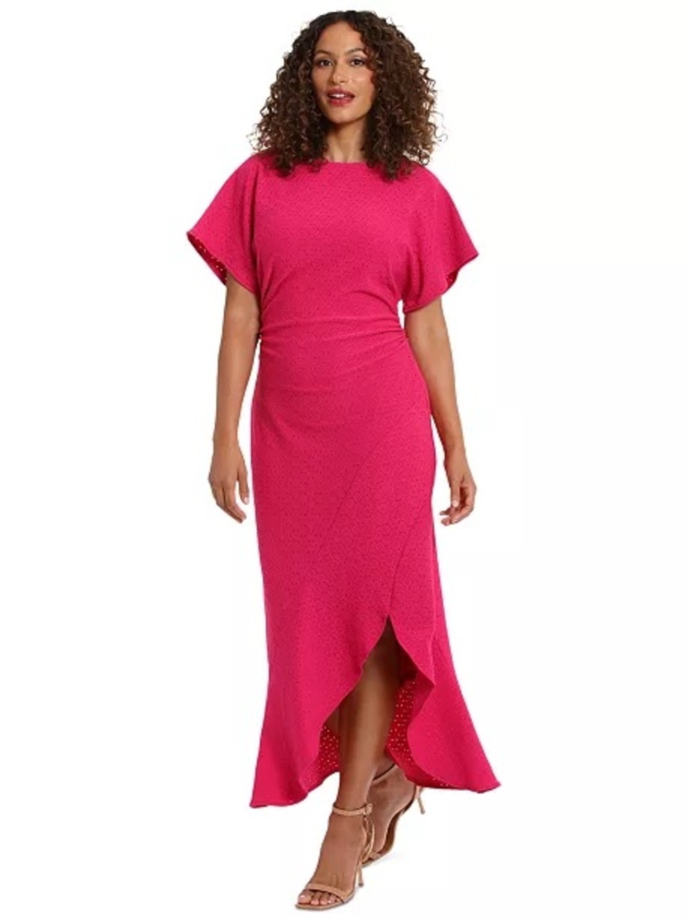 London Times Hot Pink Flutter-Sleeve High-Low Maxi Dress